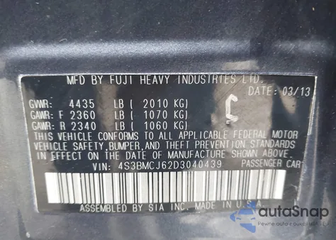 2013 Subaru Legacy 2.5I Limited из США, поврежденный, VIN 4S3BMCJ62D3040439